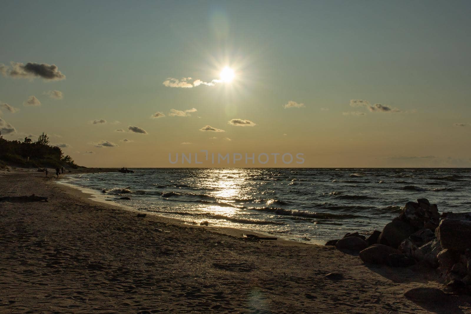 Baltic sea white sand beach view at sunset time