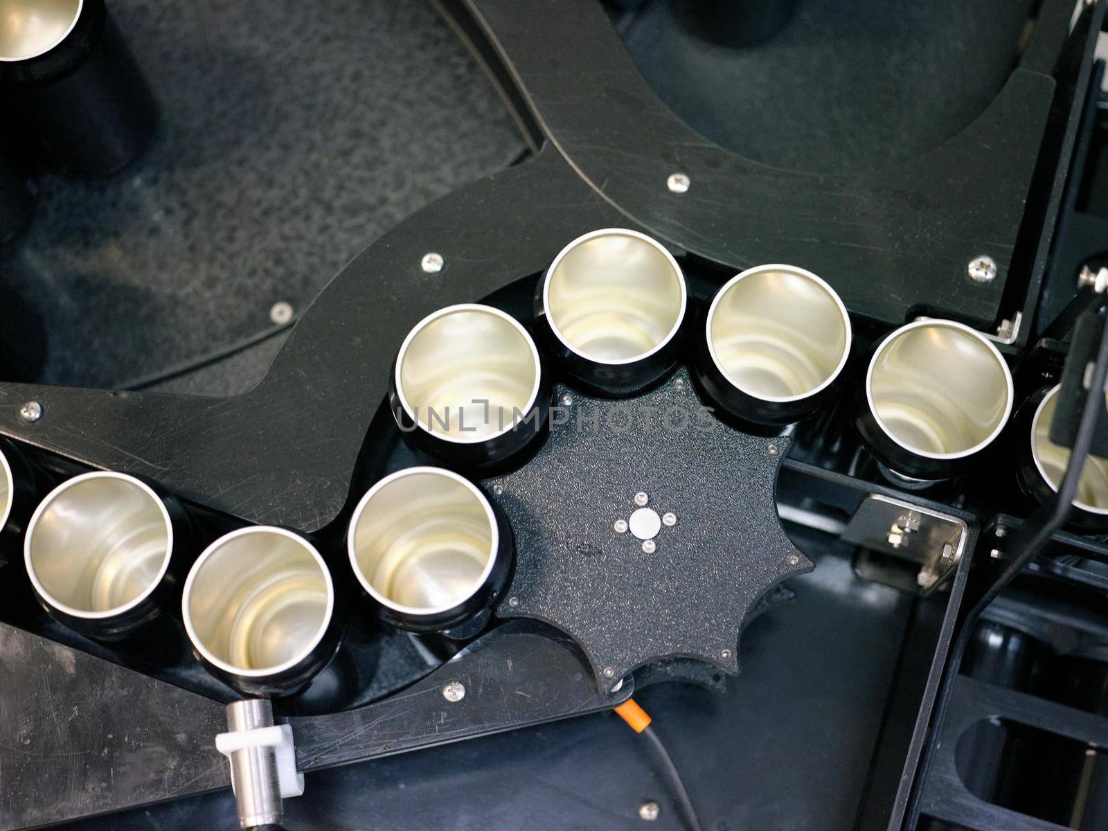 Top view of the production line for packaging beer from empty cans