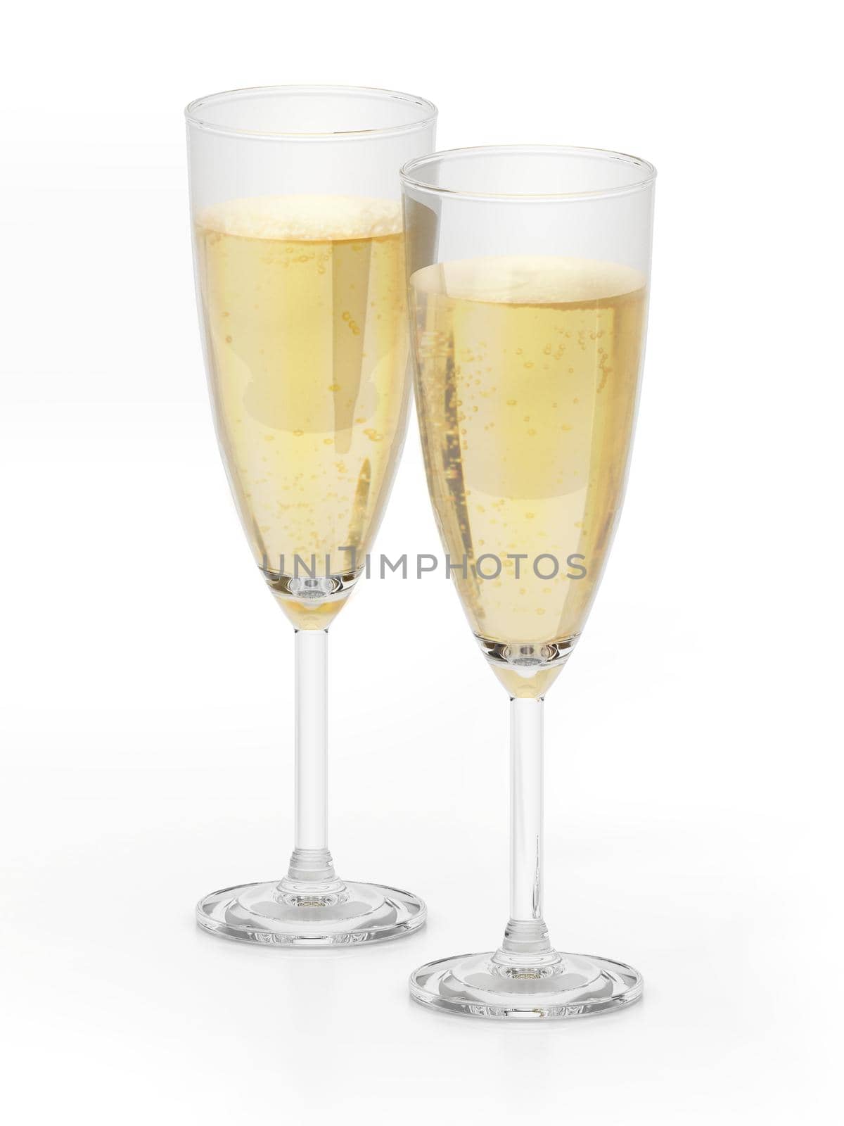 Champagne glasses isolated on white background. 3D illustration.