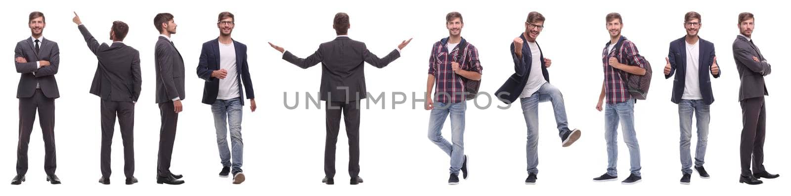 panoramic collage of self-motivated young man .isolated on white background