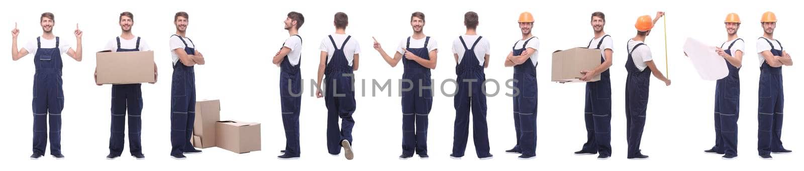 panoramic collage of skilled handyman isolated on white background.