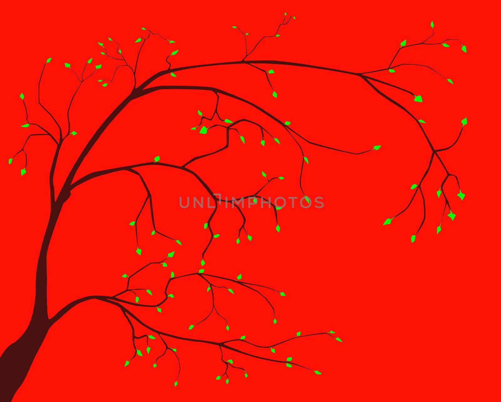 A sparse branch with green leaves set over a red background