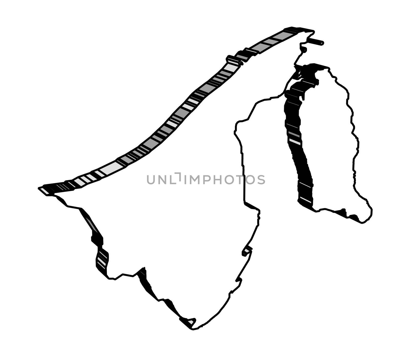 Outline silhouette 3D map of the Asian country of Brunei set over a white background