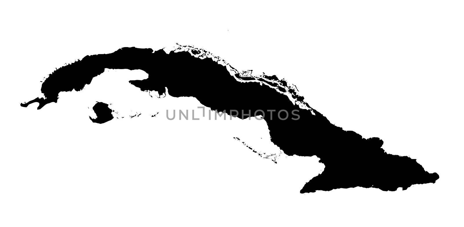 Outline blank silhouette map of the South American country of Cuba