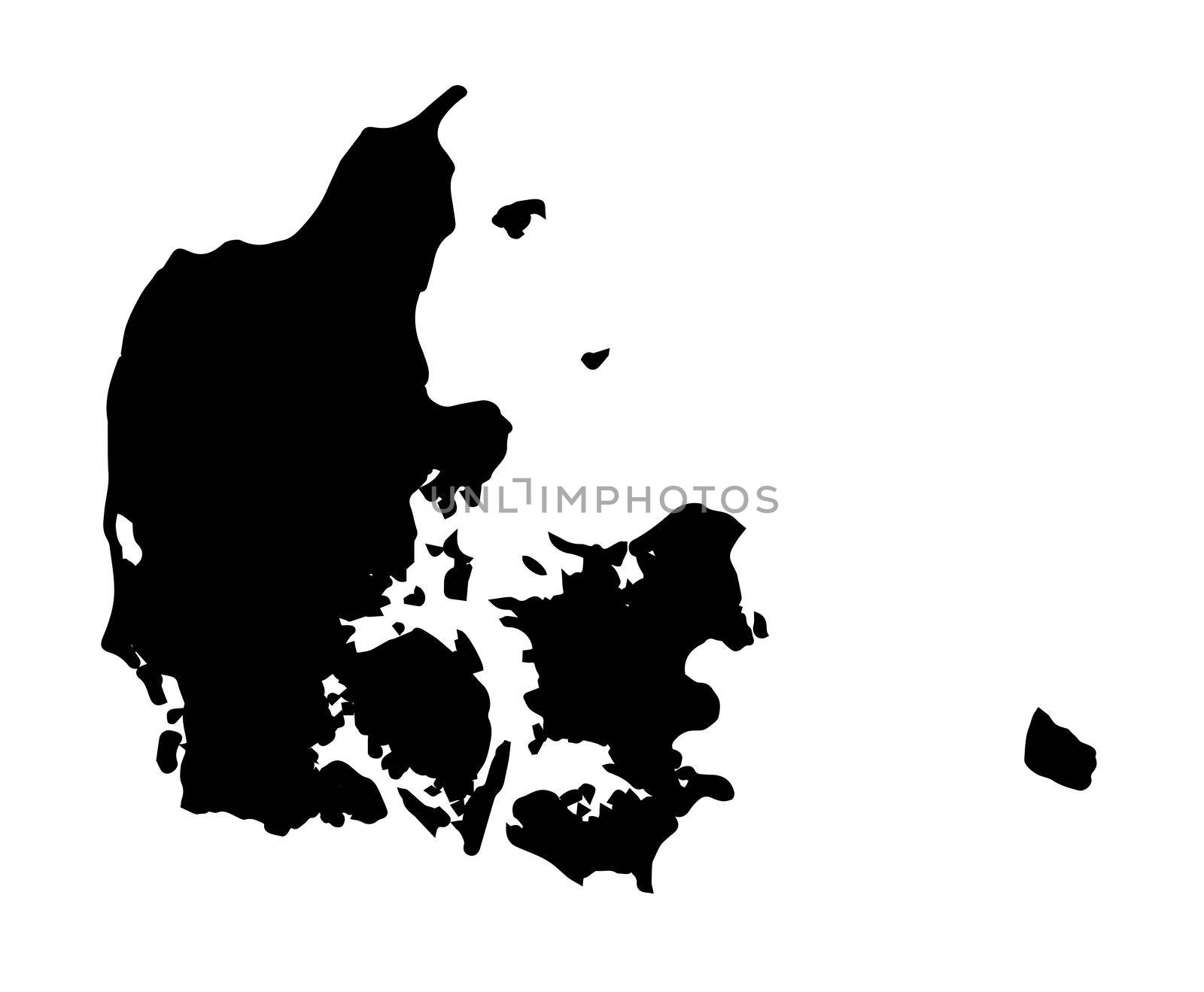 Outline black silhouette map of Denmark over a white background