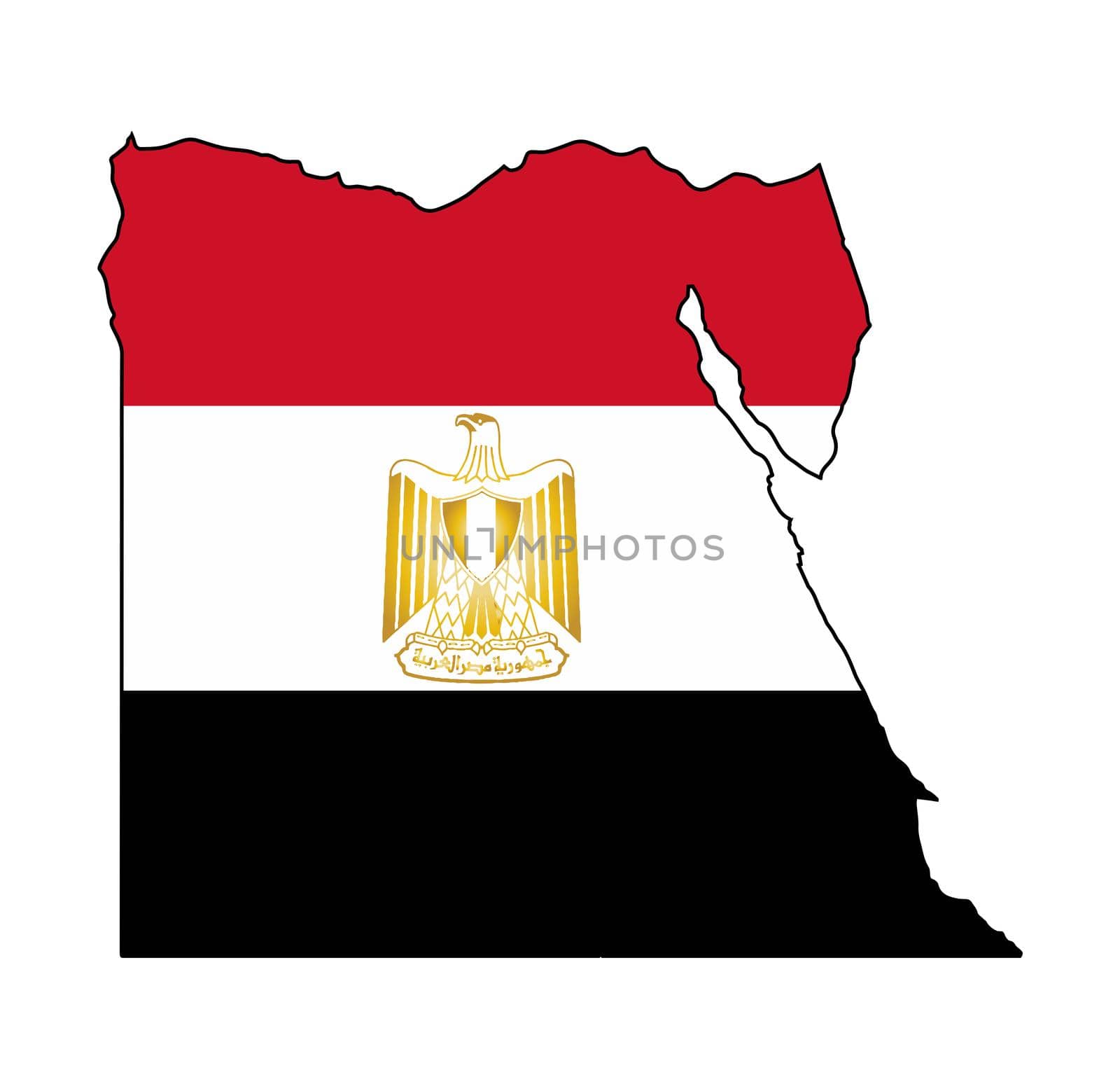 Outline silhouette map of the Arab League country of Egypt set over the national flag