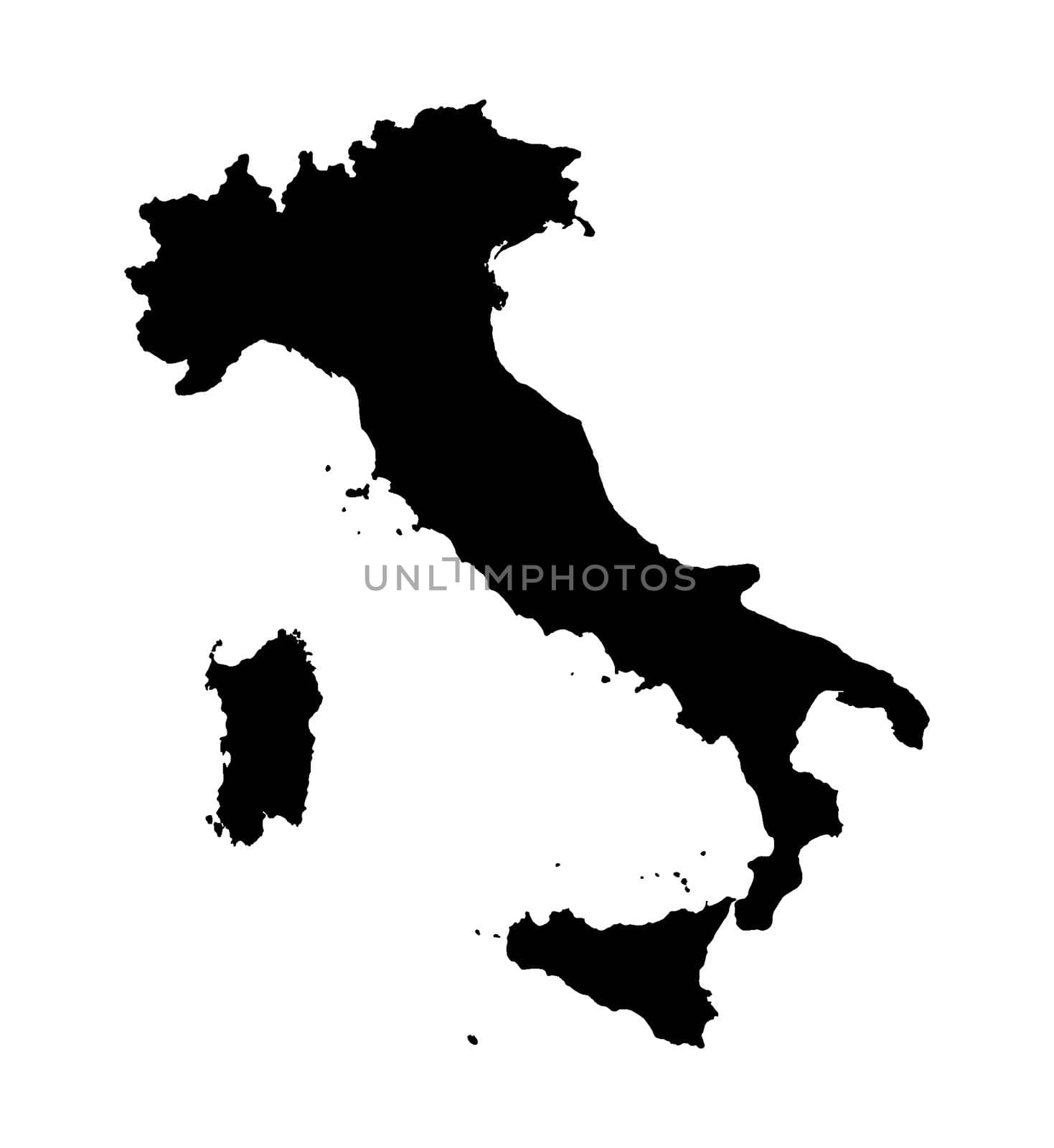 Outline silhouette map of Italy set over a white background