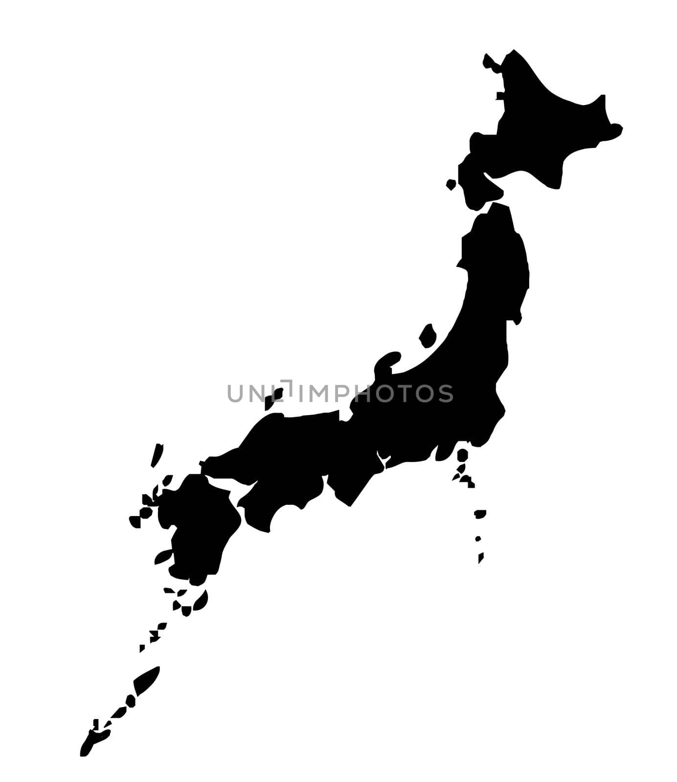 Outline silhouette black map of Japan isolated over a white Japanese rising sun glag