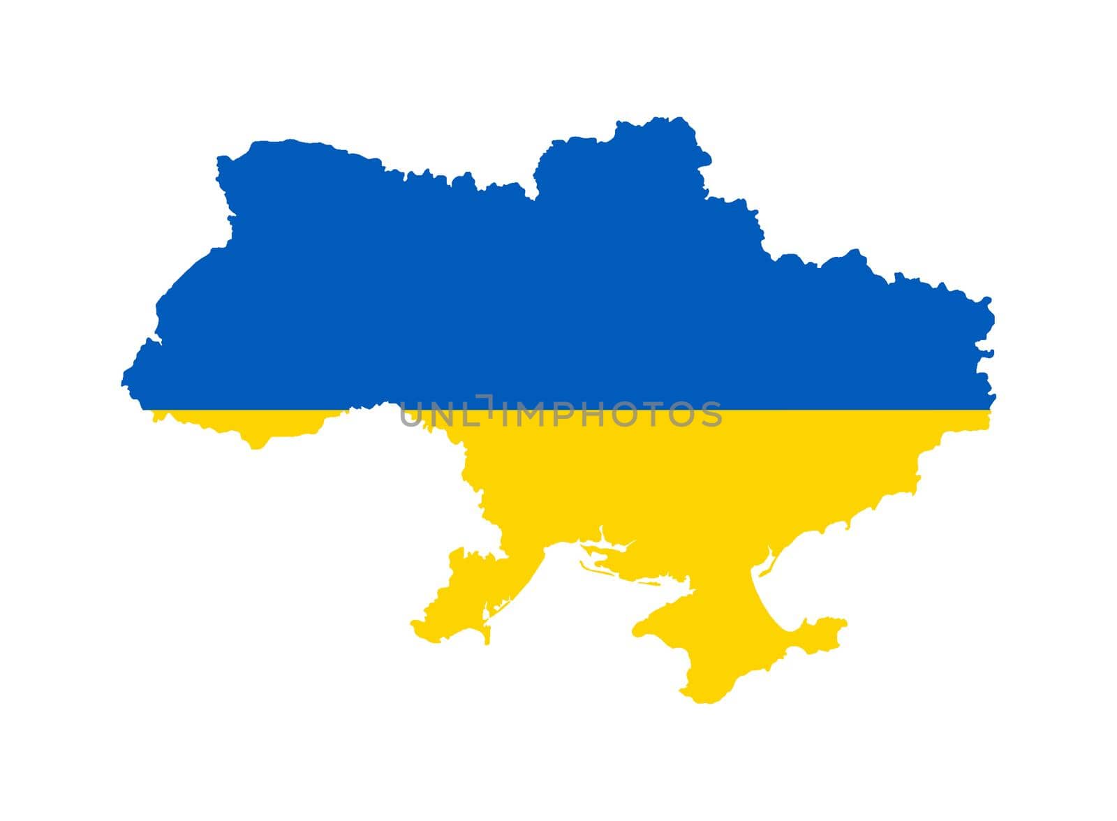 Silhouette map of the country of Ukraine on the national flag isolated over a white background