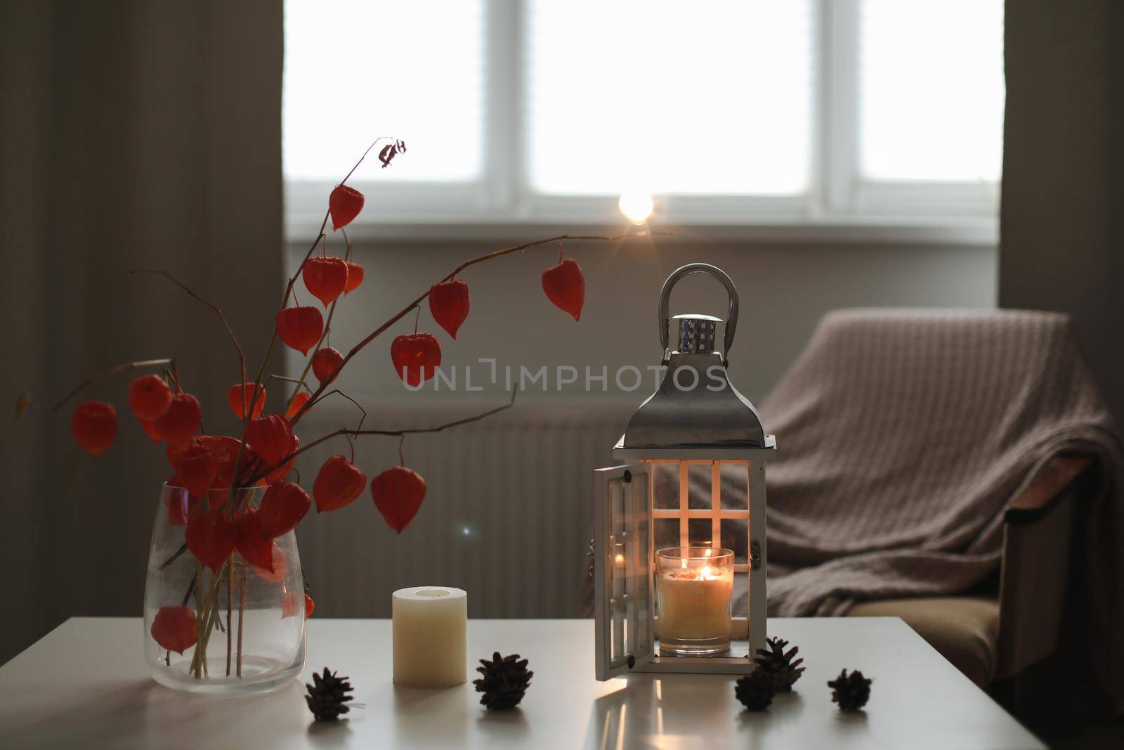 cozy autumn still life, candles, flowers, twigs of orange physalis and details of home interior.