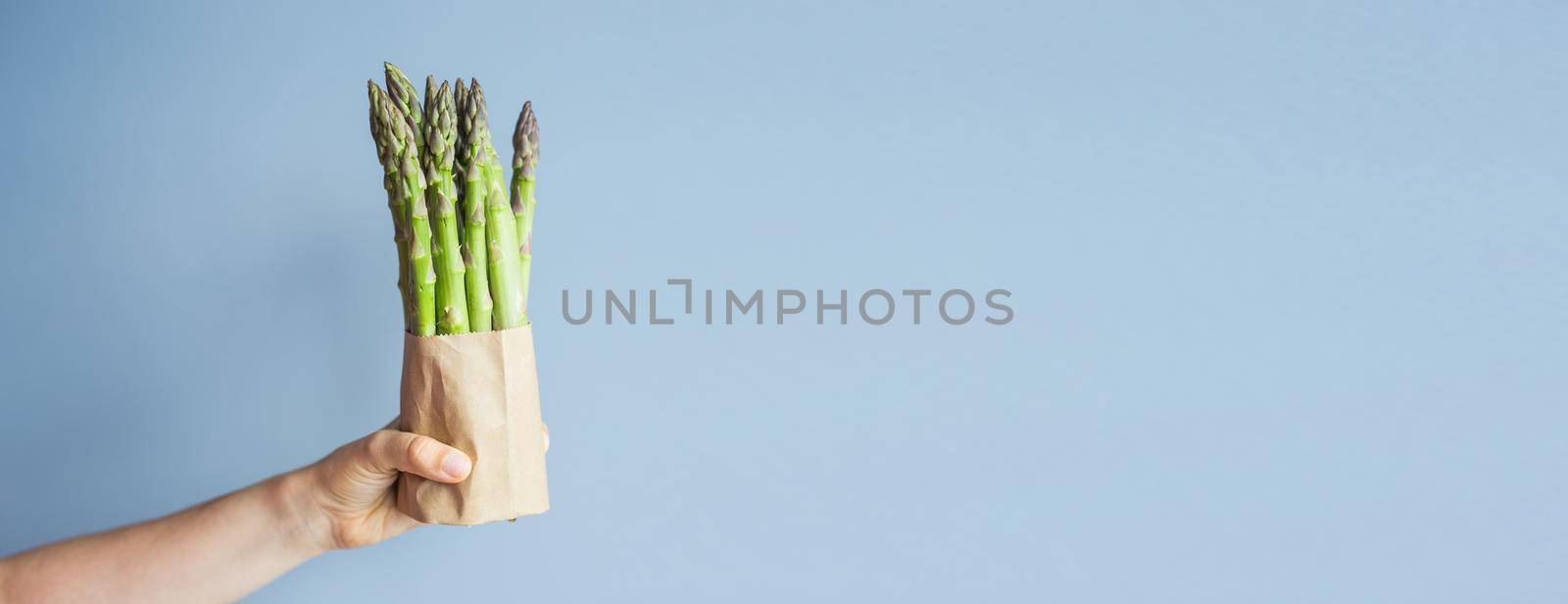 Female hand holds Bundle of green asparagus banner blue background with copy space. Concept of vegans, vegetarians and healthy food by Satura86