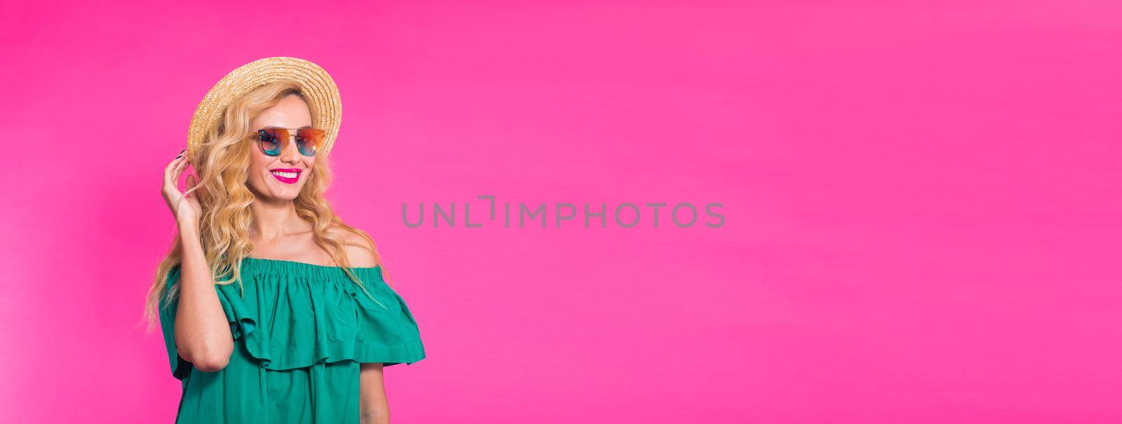 Fashion studio portrait of glamour girl, stylish clothes sunglasses banner pink background with copyspace by Satura86