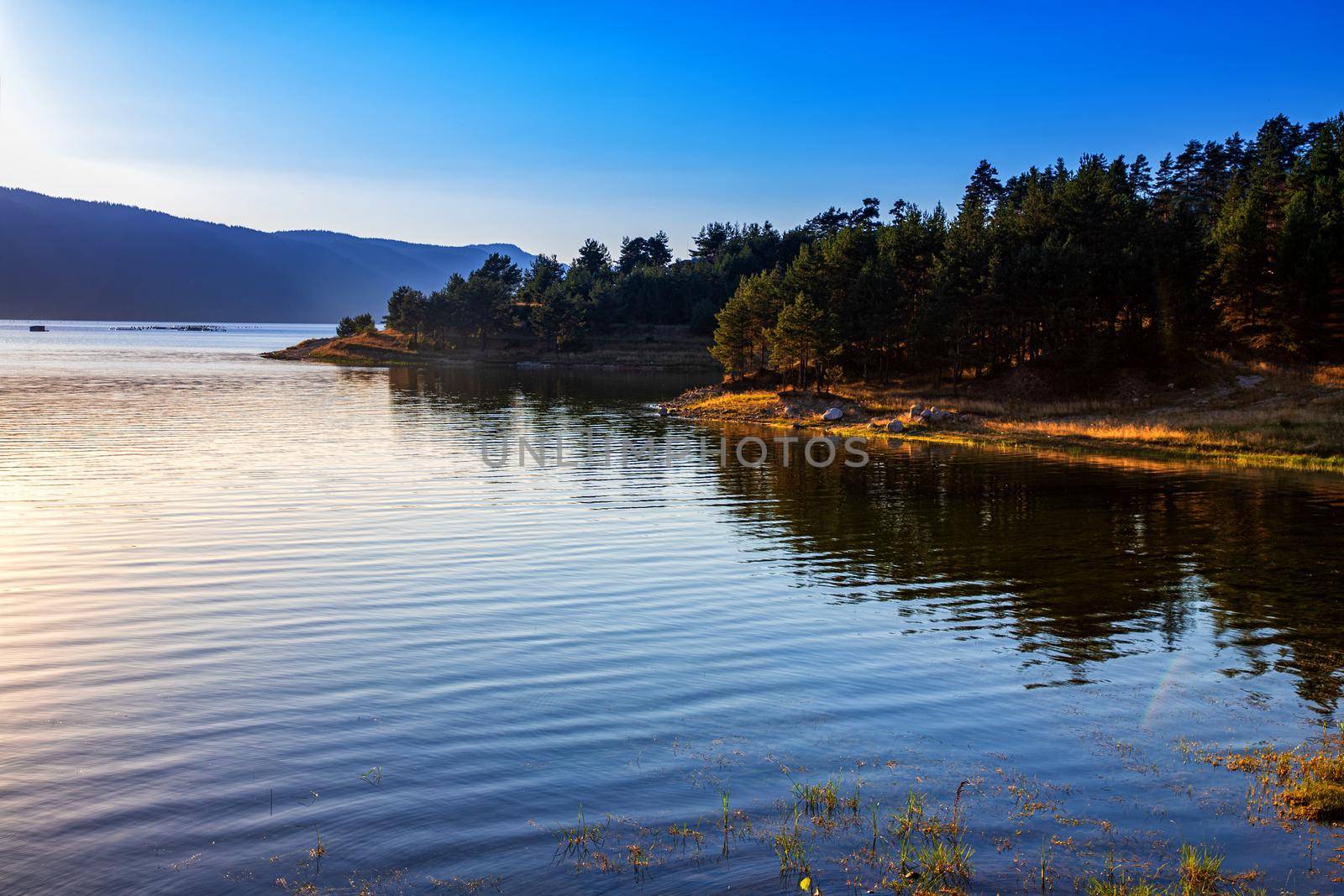 Idyllic mountain landscape at lake with calm water, tree reflection after sunset