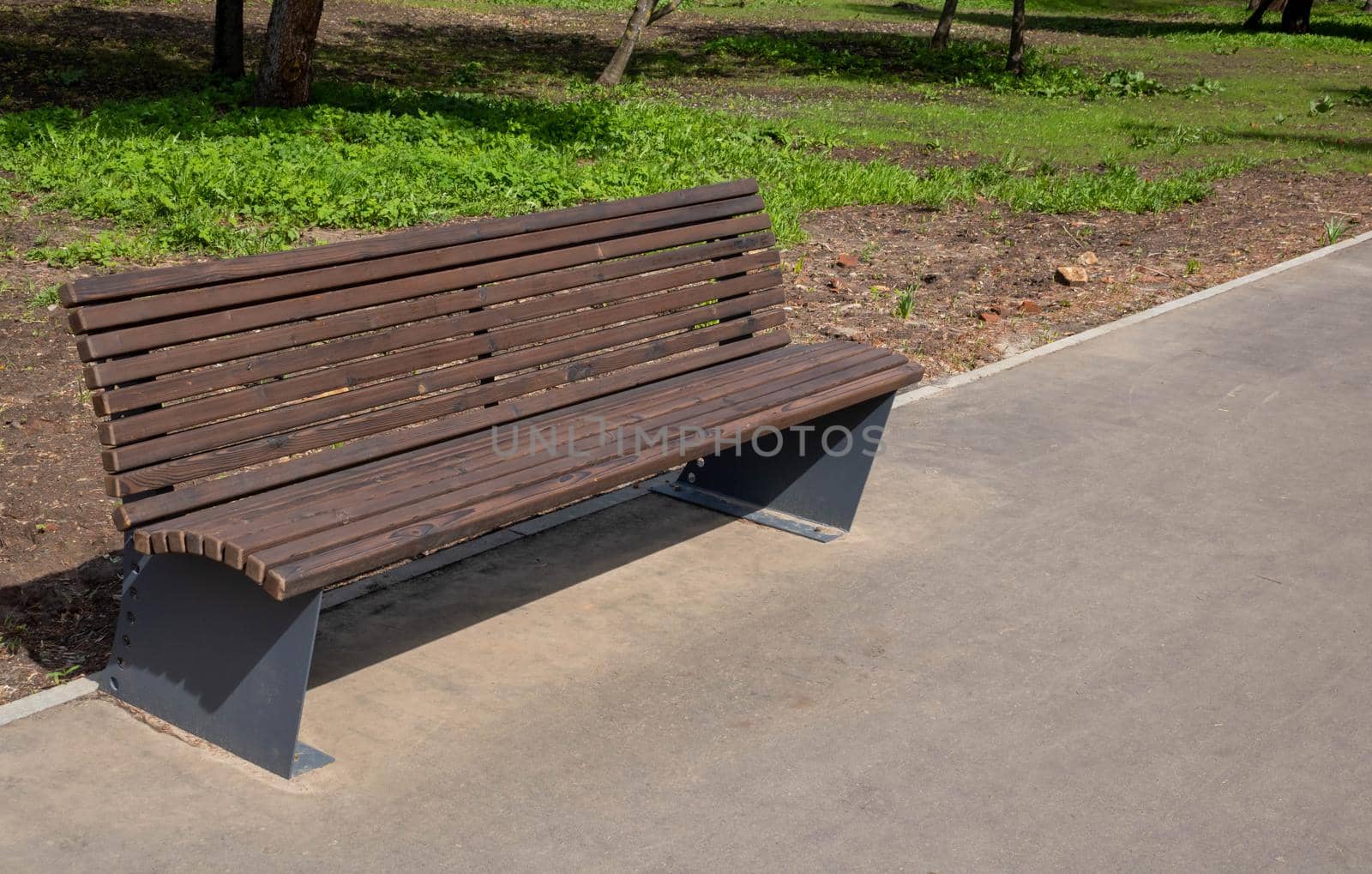 Wooden brown bench in the city park on a bright spring day.