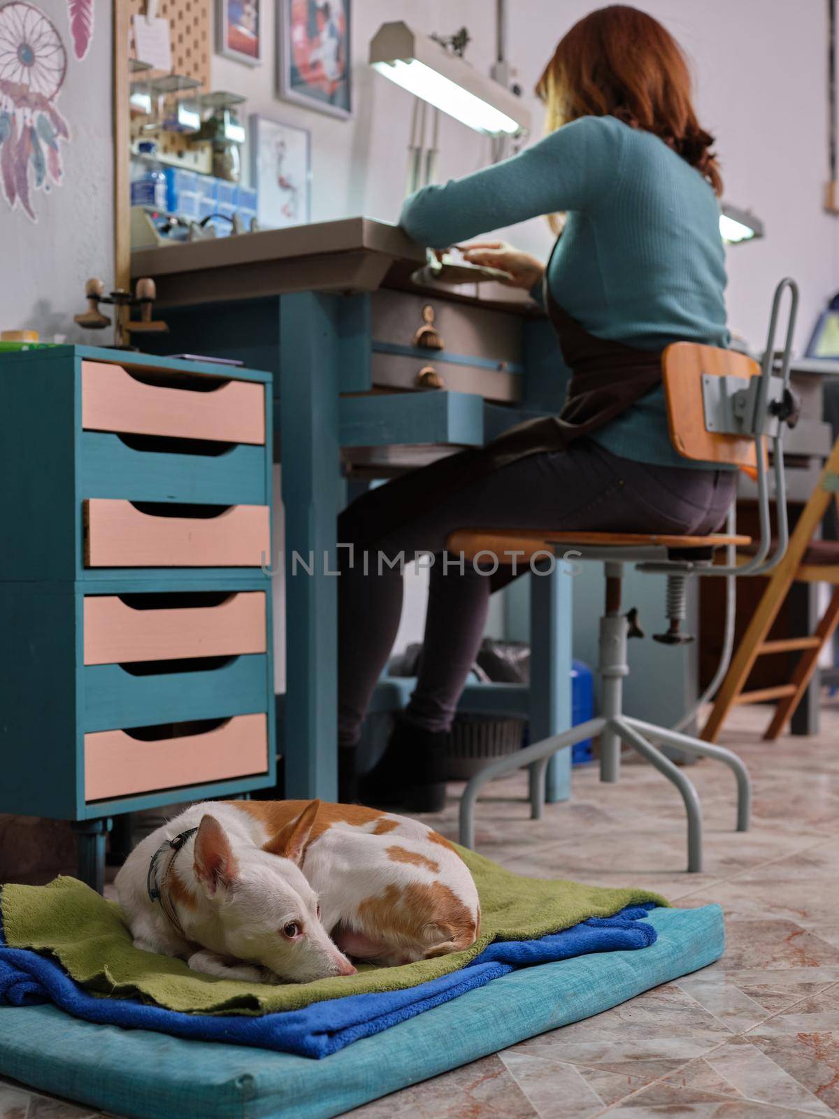 Vertical image of a mongrel dog lying on his bed on the floor next to his owner who is sitting at work in her craft workshop.