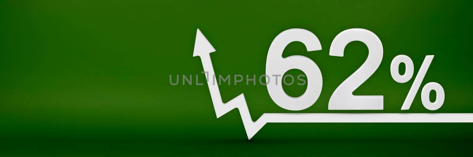 62 percent. The arrow on the graph points up. Rising prices, inflation, increase in income, increase in interest rates, taxes. 3d banner, sixty two percent sign discount on a green background. by SERSOL