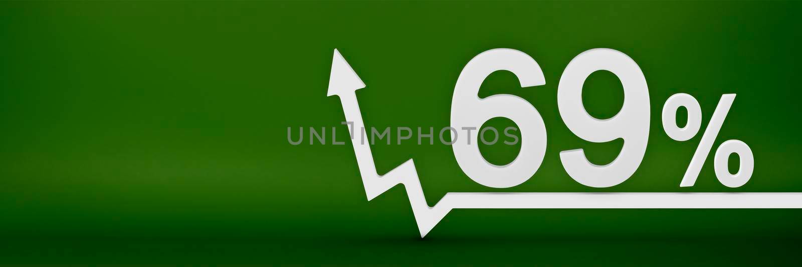 69 percent. The arrow on the graph points up. Rising prices, inflation, increase in income, increase in interest rates, taxes. 3d banner, sixty nine percent sign discount on a green background. by SERSOL