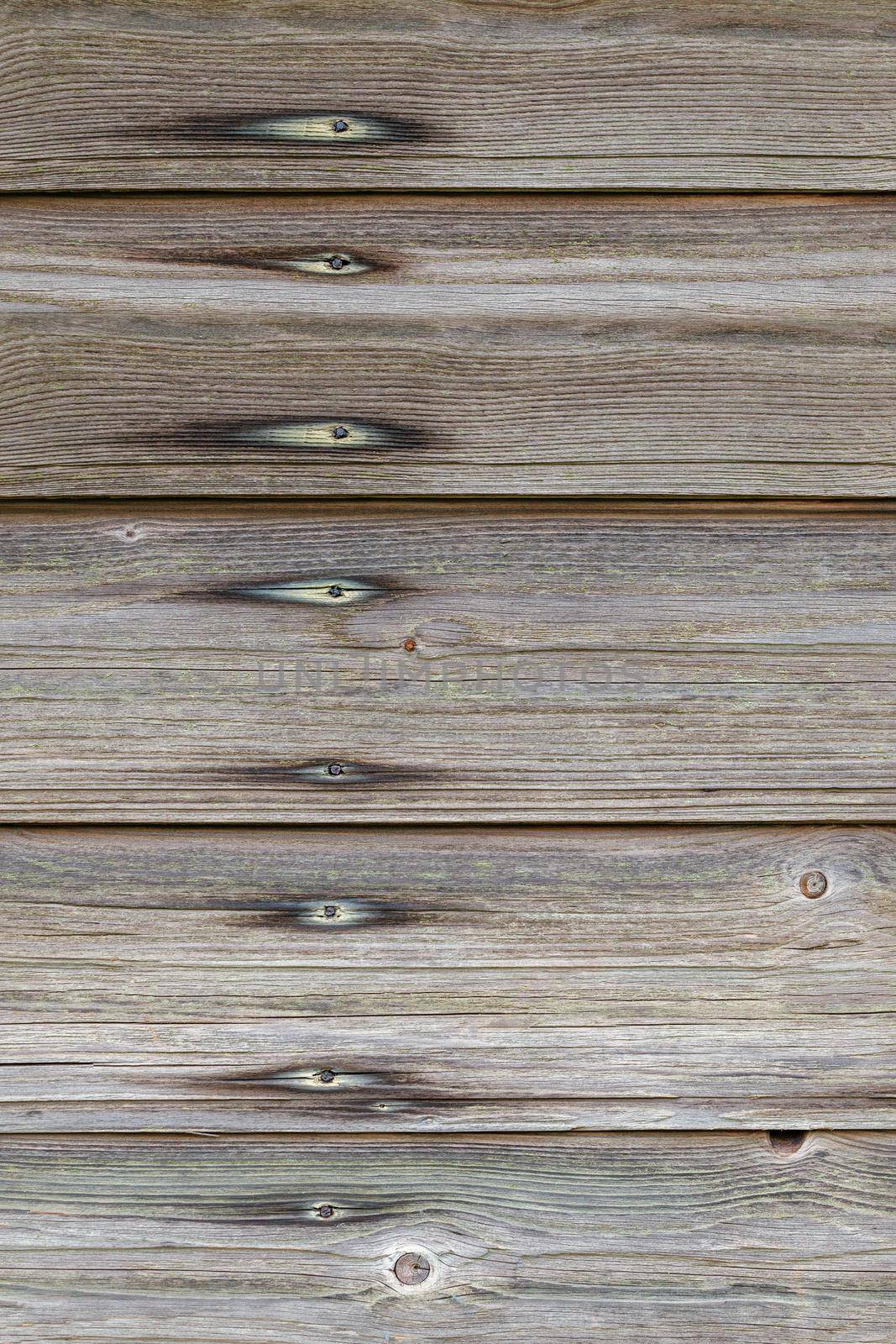 Old grey brown wood background texture, with stains from old rusty nails. vertical photo.