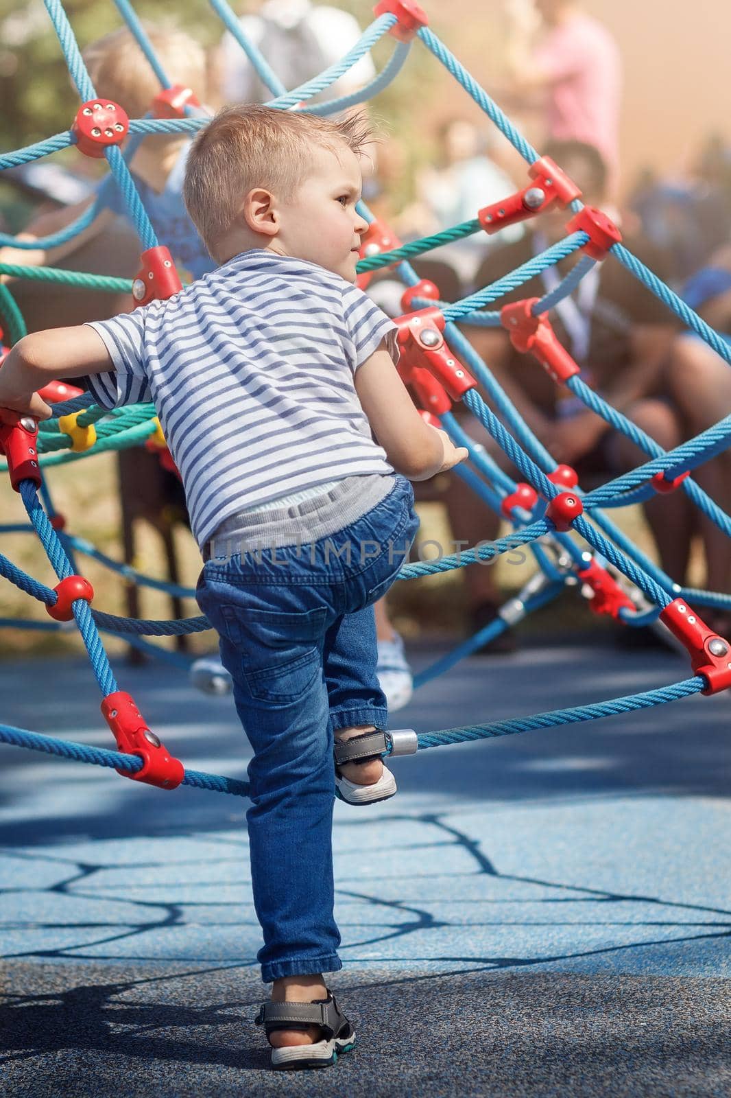 Cute preschool boy having fun on outdoor playground. Summer active sport leisure for kids.Equipment of entertainment park for kids. The child is ready to climb the rope tower by Lincikas