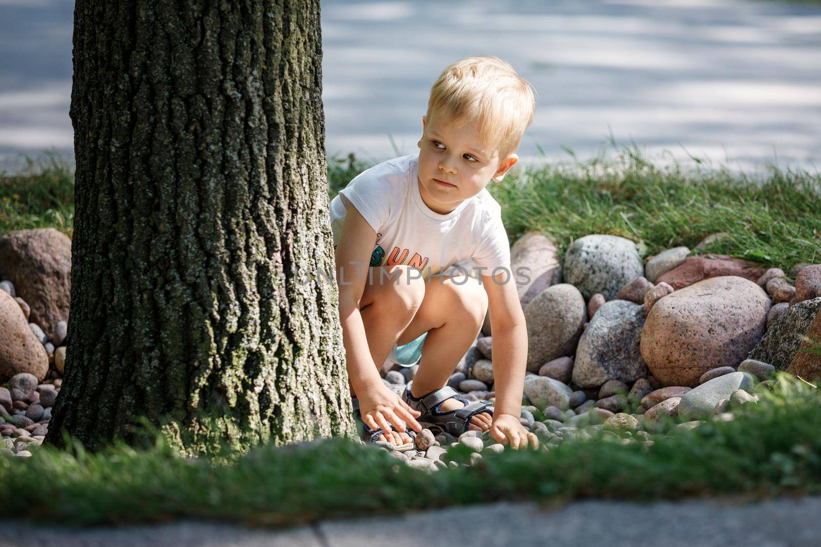 A child plays with pebbles in the city park. The concept of recreation, play and the development of children's motor skills. High quality photo.
