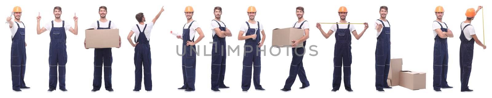 panoramic collage of skilled handyman isolated on white background.