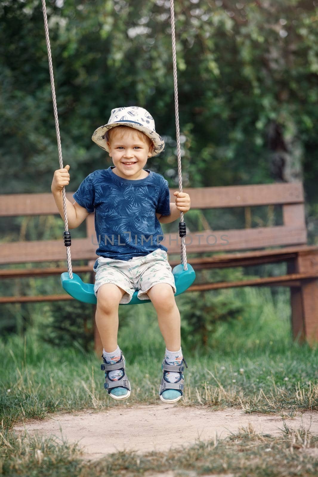 Happy little preschool boy having fun on swing in domestic garden. Healthy toddler child swinging on sunny summer day. Children activity outdoor, active smiling kid laughing