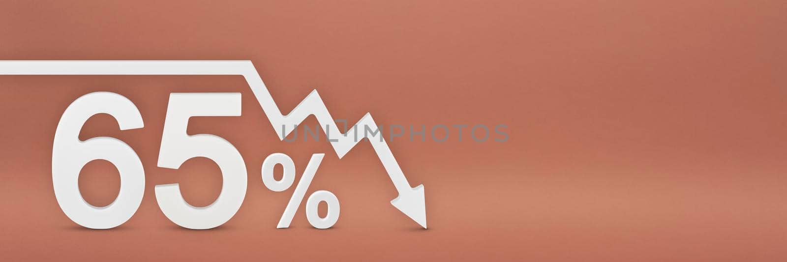 sixty-five percent, the arrow on the graph is pointing down. Stock market crash, bear market, inflation.Economic collapse, collapse of stocks.3d banner,65 percent discount sign on a red background. by SERSOL