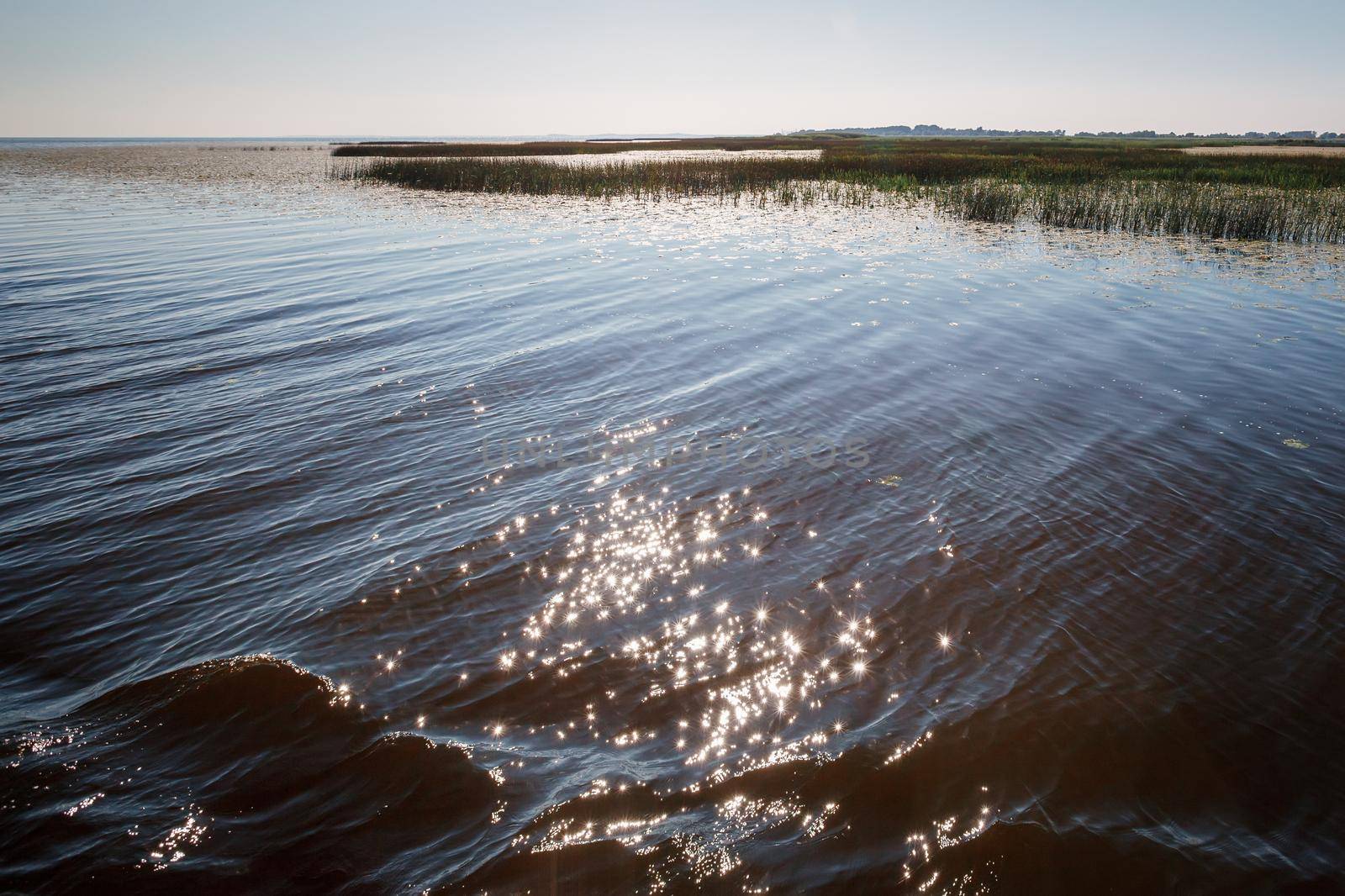 The shallow water of the lagoon glowing in the sun at noon