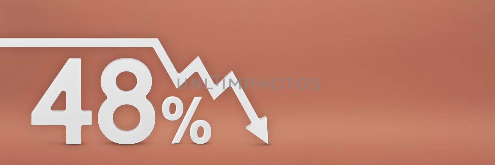 forty-eight percent, the arrow on the graph is pointing down. Stock market crash, bear market, inflation.Economic collapse, collapse of stocks.3d banner,48 percent discount sign on a red background