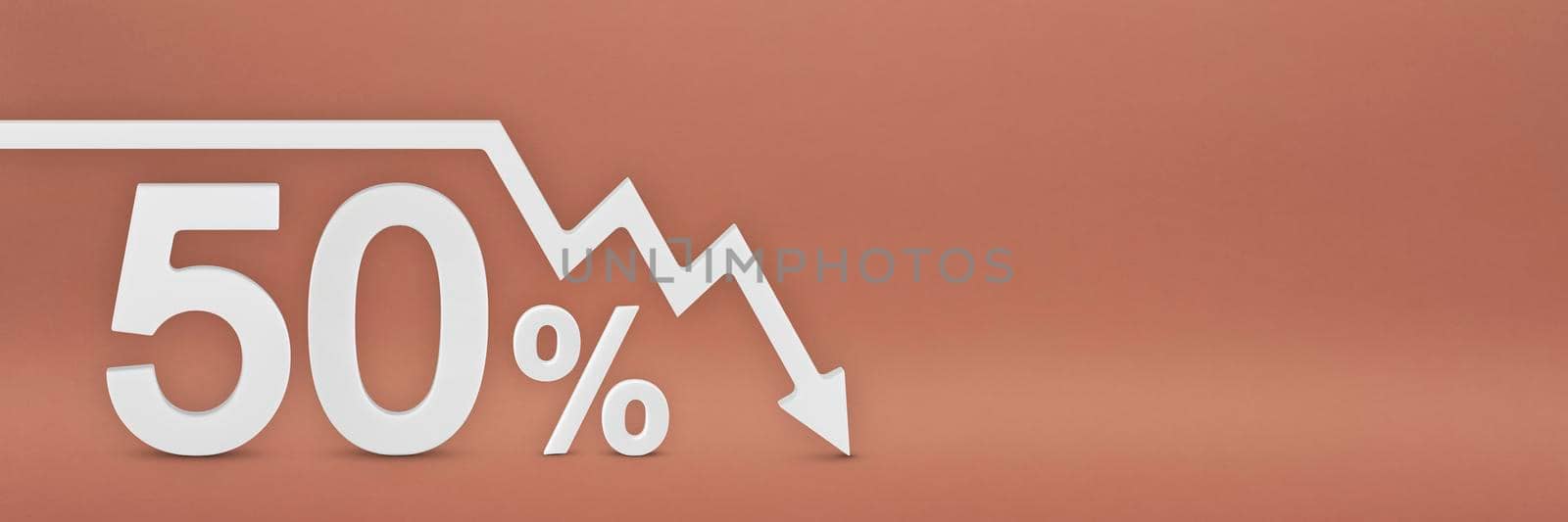 fifty percent, the arrow on the graph is pointing down. Stock market crash, bear market, inflation.Economic collapse, collapse of stocks.3d banner,50 percent discount sign on a red background