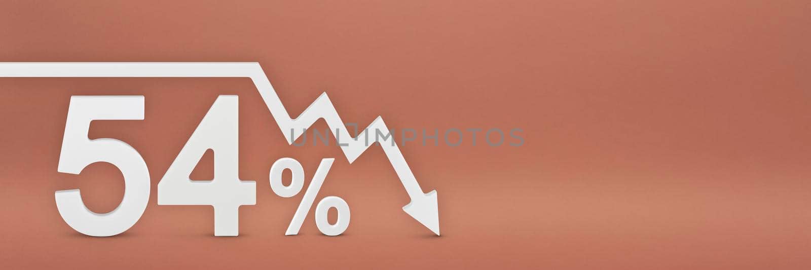 fifty-four percent, the arrow on the graph is pointing down. Stock market crash, bear market, inflation.Economic collapse, collapse of stocks.3d banner,54 percent discount sign on a red background