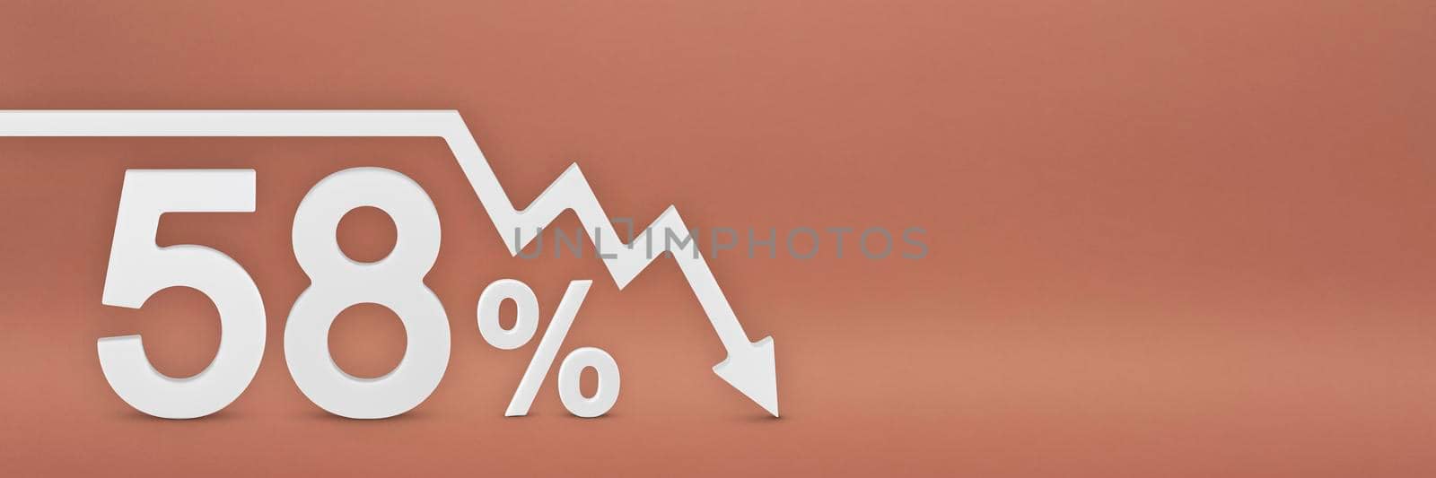 fifty-eight percent, the arrow on the graph is pointing down. Stock market crash, bear market, inflation.Economic collapse, collapse of stocks.3d banner,58 percent discount sign on a red background