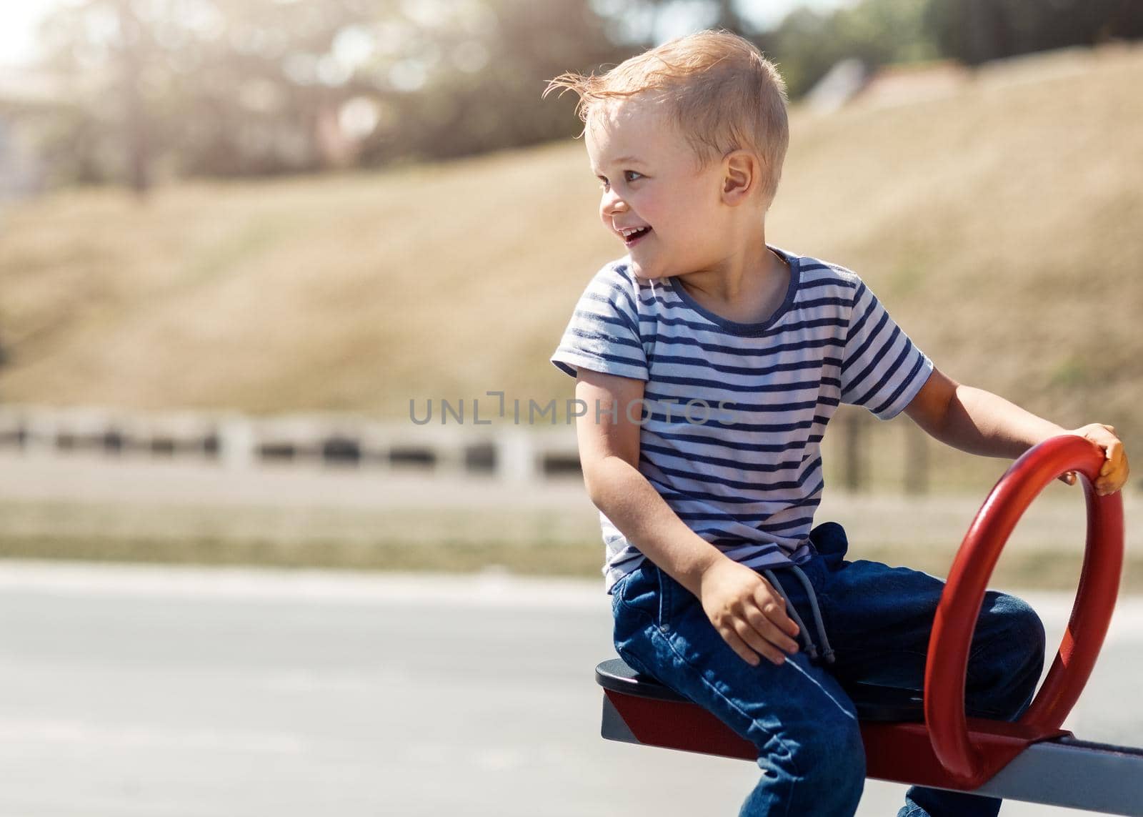 A fun little boy on a swing on a playground. On a bright, warm summer day, a happy smiling child, there is free space for text in the image.