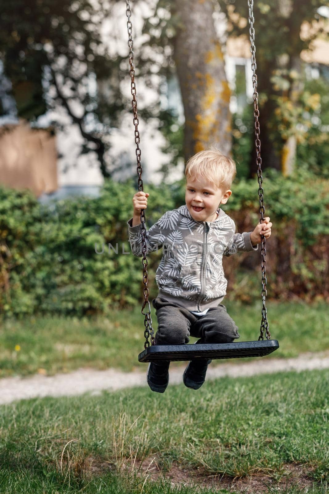 Cute young boy having fun on a swing in sunny summer park. Family weekend in a city. by Lincikas