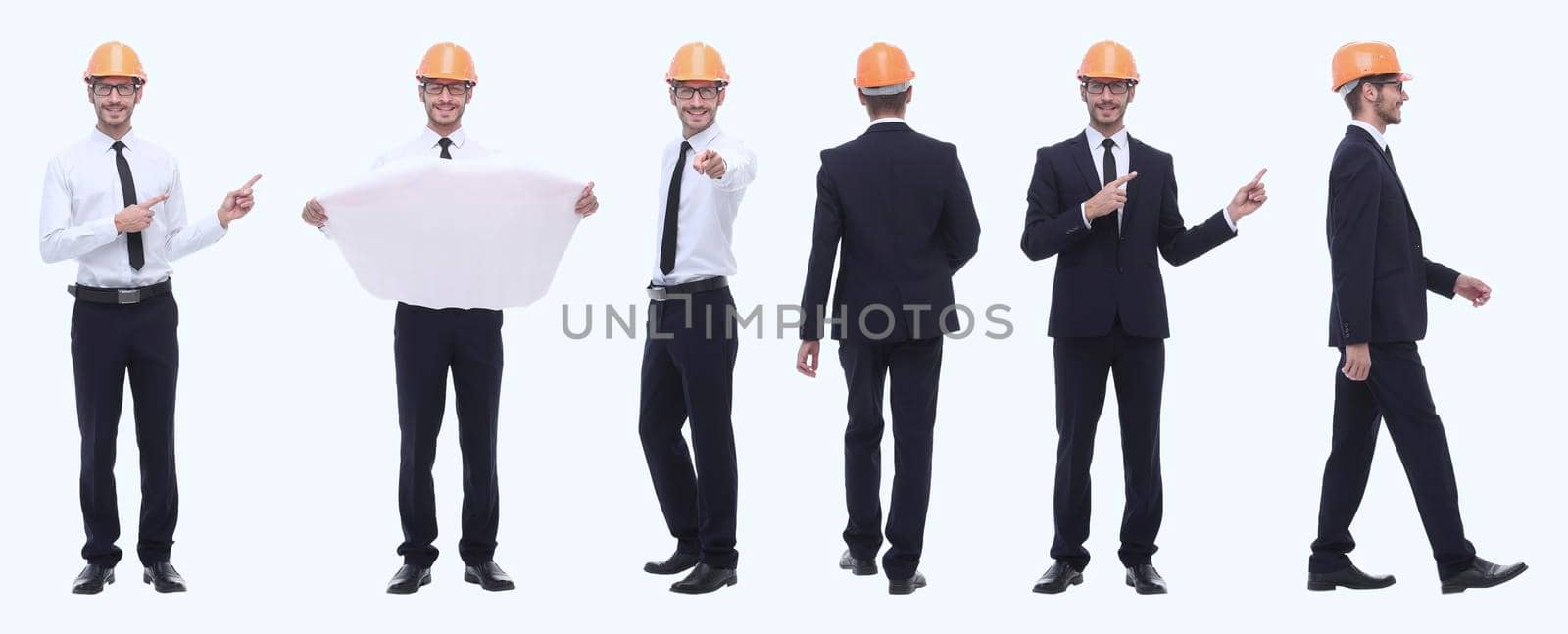 panoramic photo collage of qualified architect isolated on white background