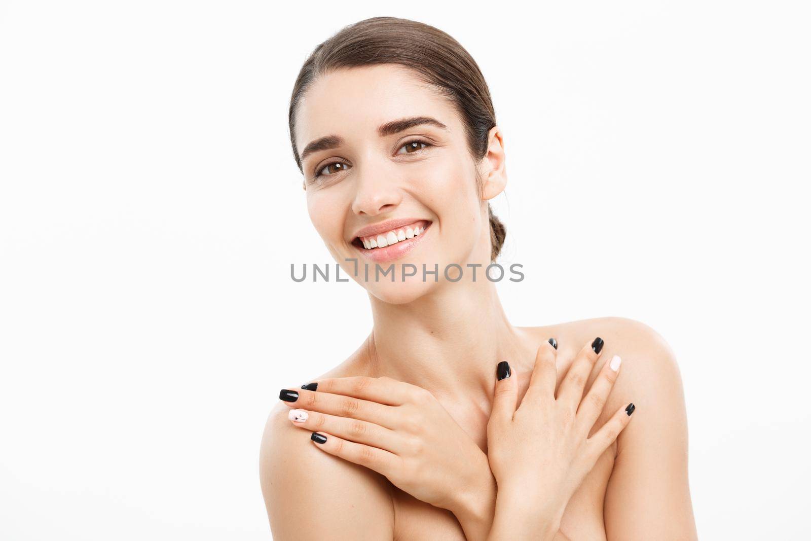 Beauty and spa concept - Charming young woman with perfect clear skin over white background. by Benzoix