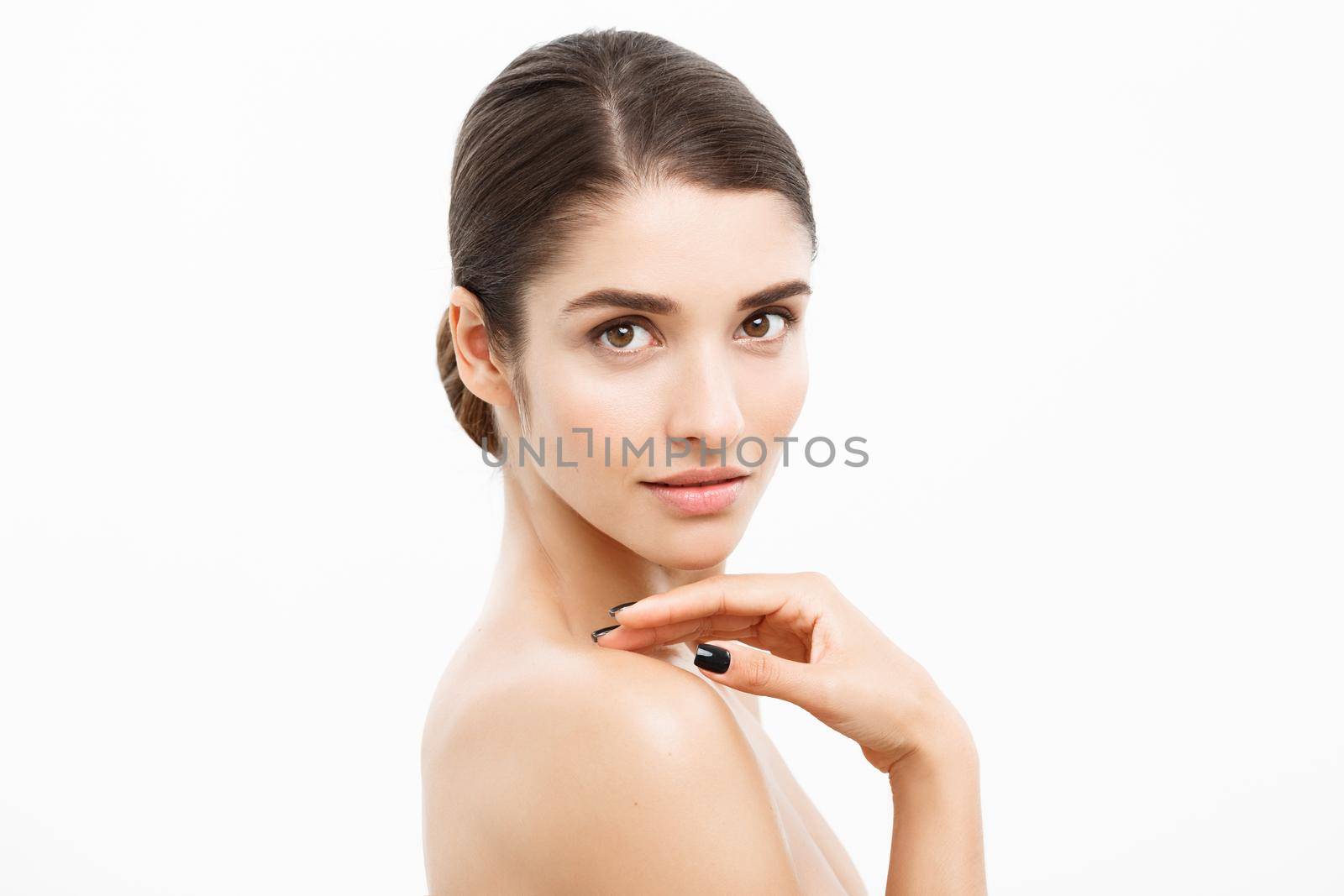 Health care and spa concept - attractive young and healthy woman with nude makeup on white background. by Benzoix