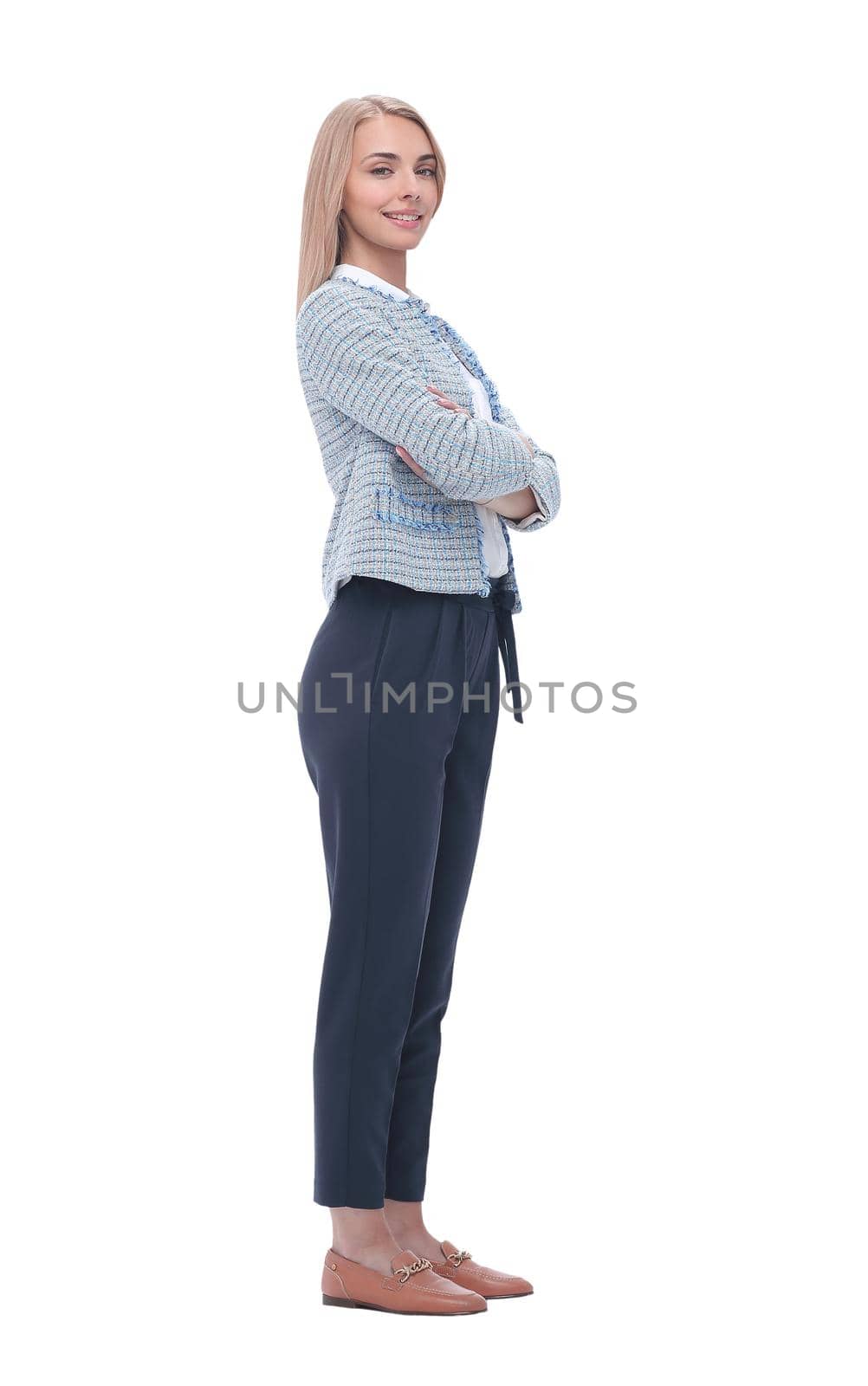 in full growth. confident young business woman. isolated on light background