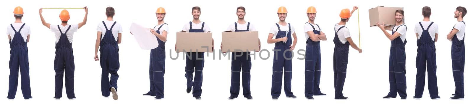panoramic collage of male handyman isolated on white background.