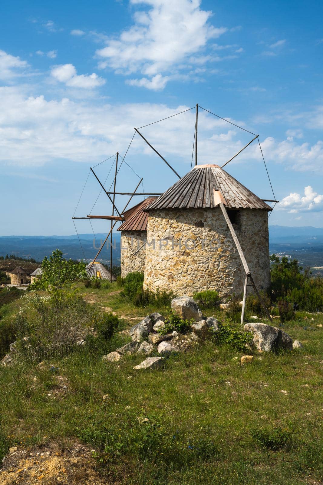 Stone windmills in Serra da Atalhada, Penacova, Coimbra, Portugal.