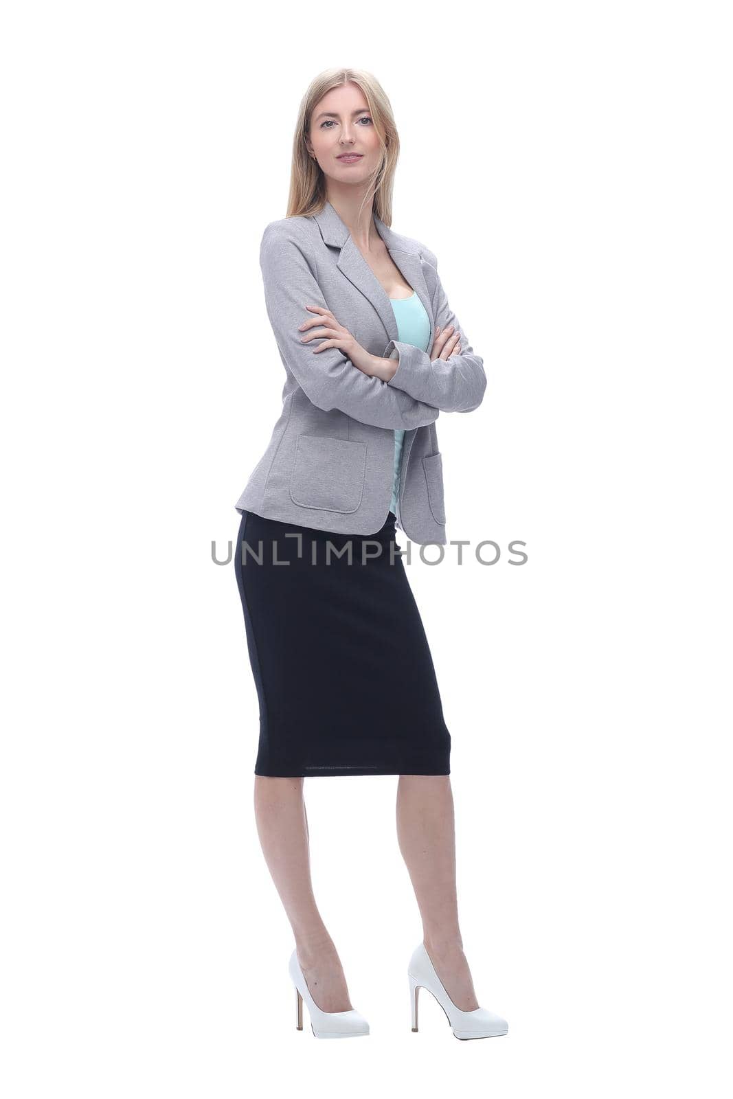 in full growth. confident business woman. isolated on grey background