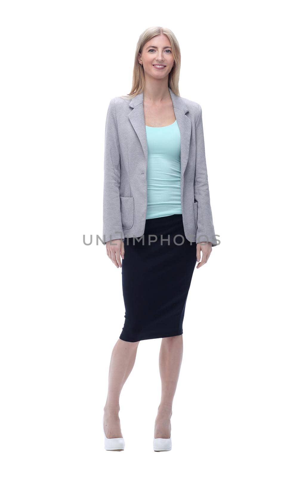 in full growth. confident business woman. isolated on grey background