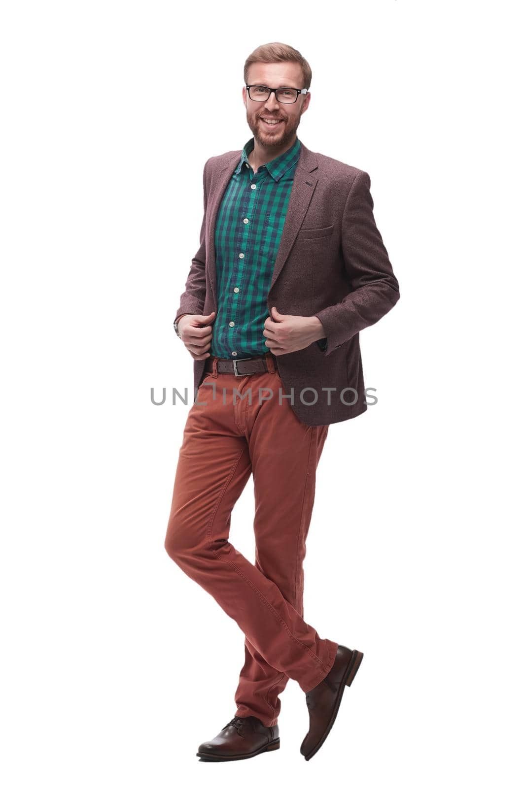 in full growth. serious hipster man with glasses. isolated on white background