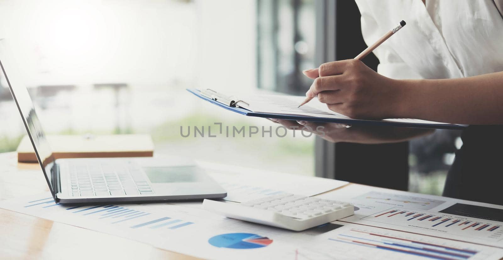 auditing company,business women financial inspector secretary do report about calculating,checking balance. Internal Revenue Service inspects checks document with a laptop computer and calculator..