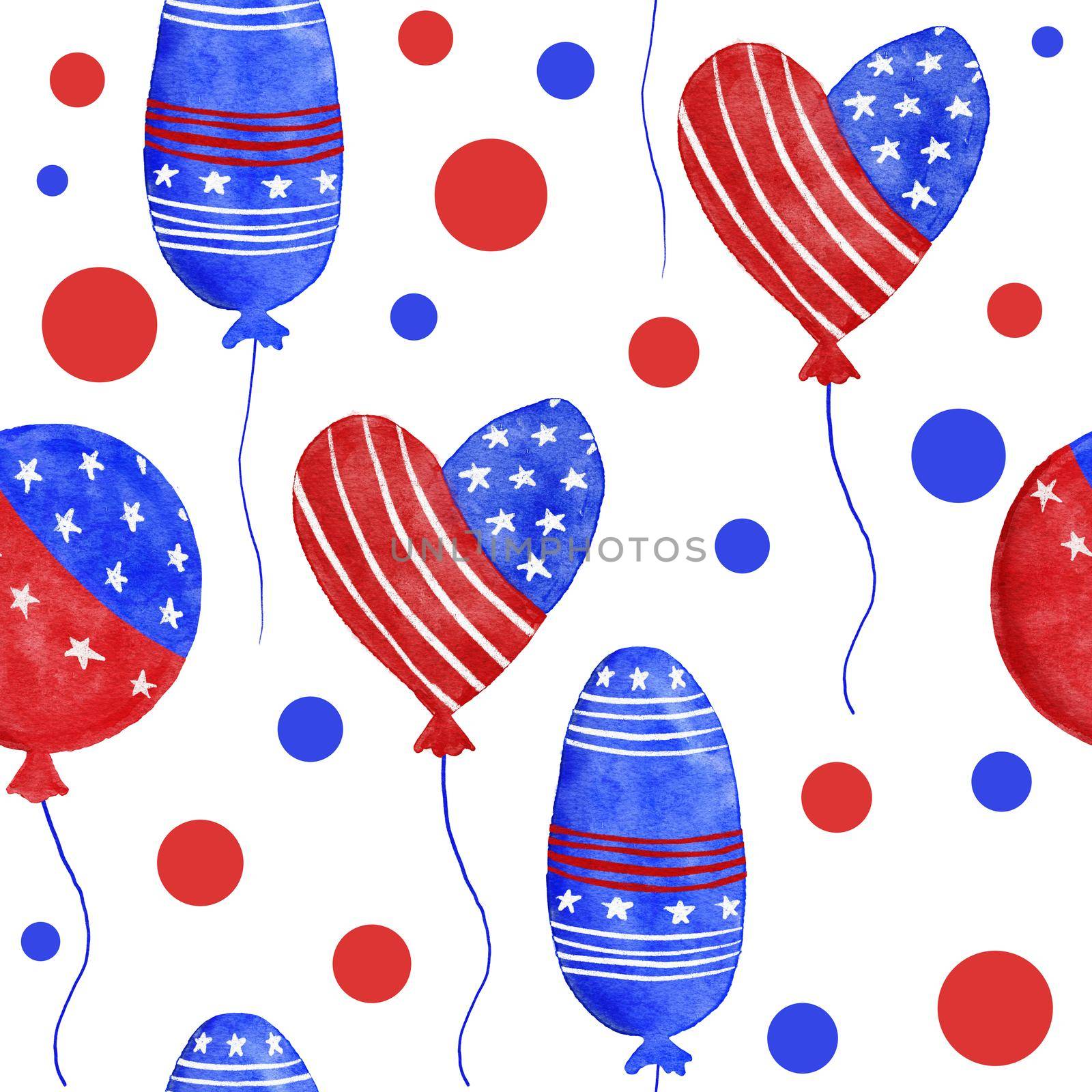 Watercolor hand drawn seamless patriotic american pattern with 4th of july balloons hearts hat flowers. Fourth of july Independence day US fabric print, blue red white background stars stripes. by Lagmar