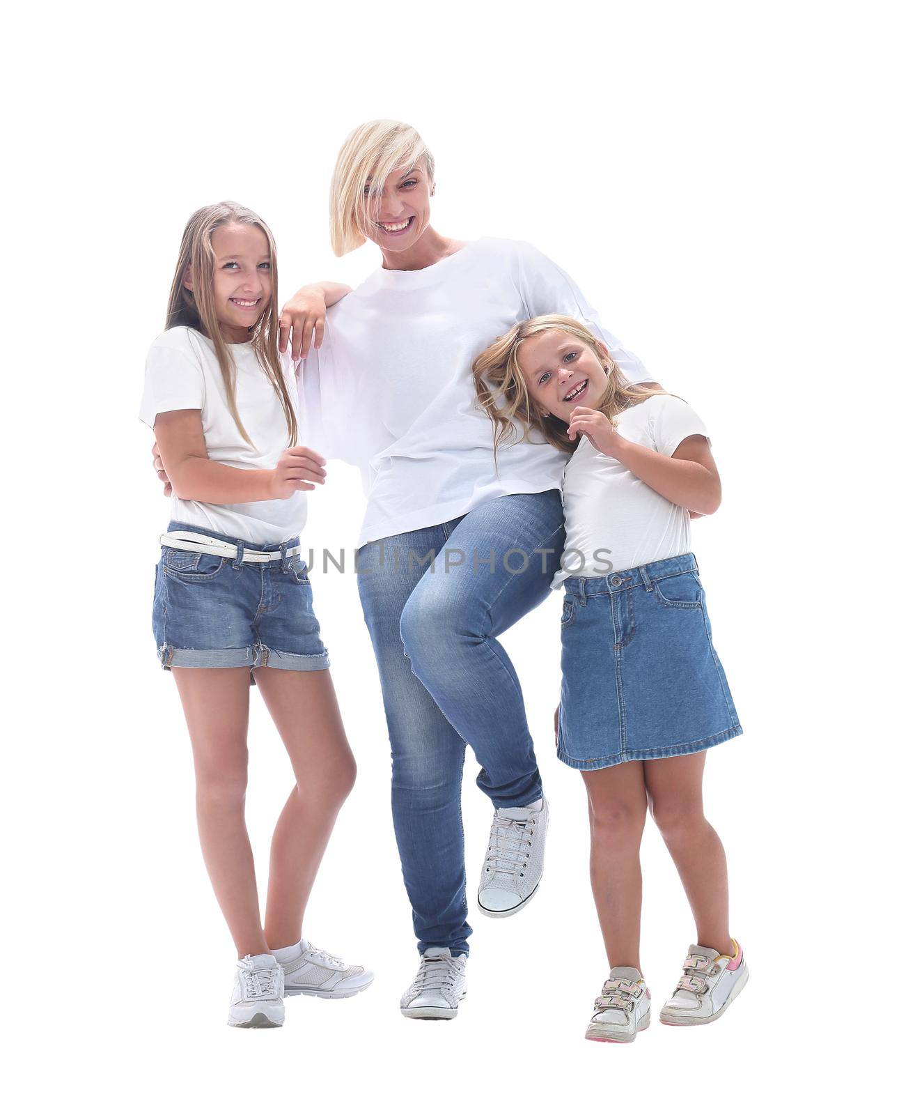 full length . portrait of a happy mother with two daughters. isolated on white background