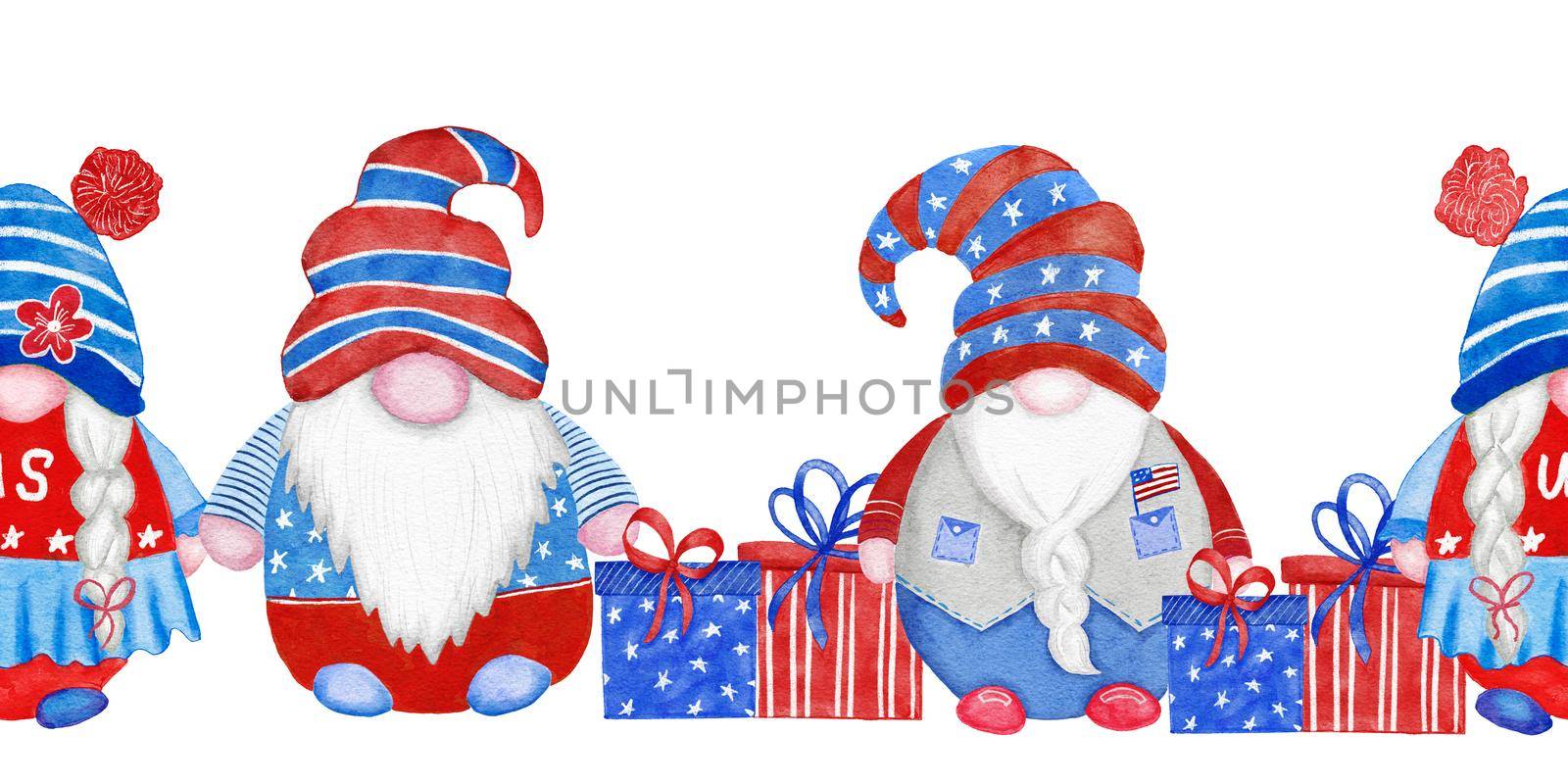 Watercolor seamless hand drawn horizontal border with 4th of July gnomes, Forth of july patriotic American design with nordic gnomes in blue red white hats balloons gifts. US celebration print. by Lagmar