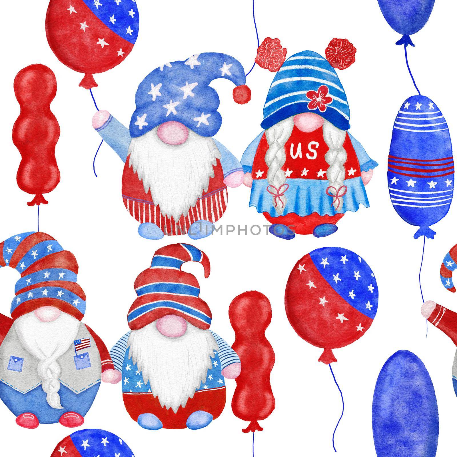 Watercolor hand drawn seamless border with 4th of july gnomes background, fourth of july Independence day patriotic print, red blue white balloons gifts, summer party decoration, stars and stripes. by Lagmar
