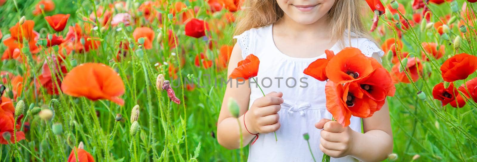 children girl in a field with poppies. selective focus. by yanadjana