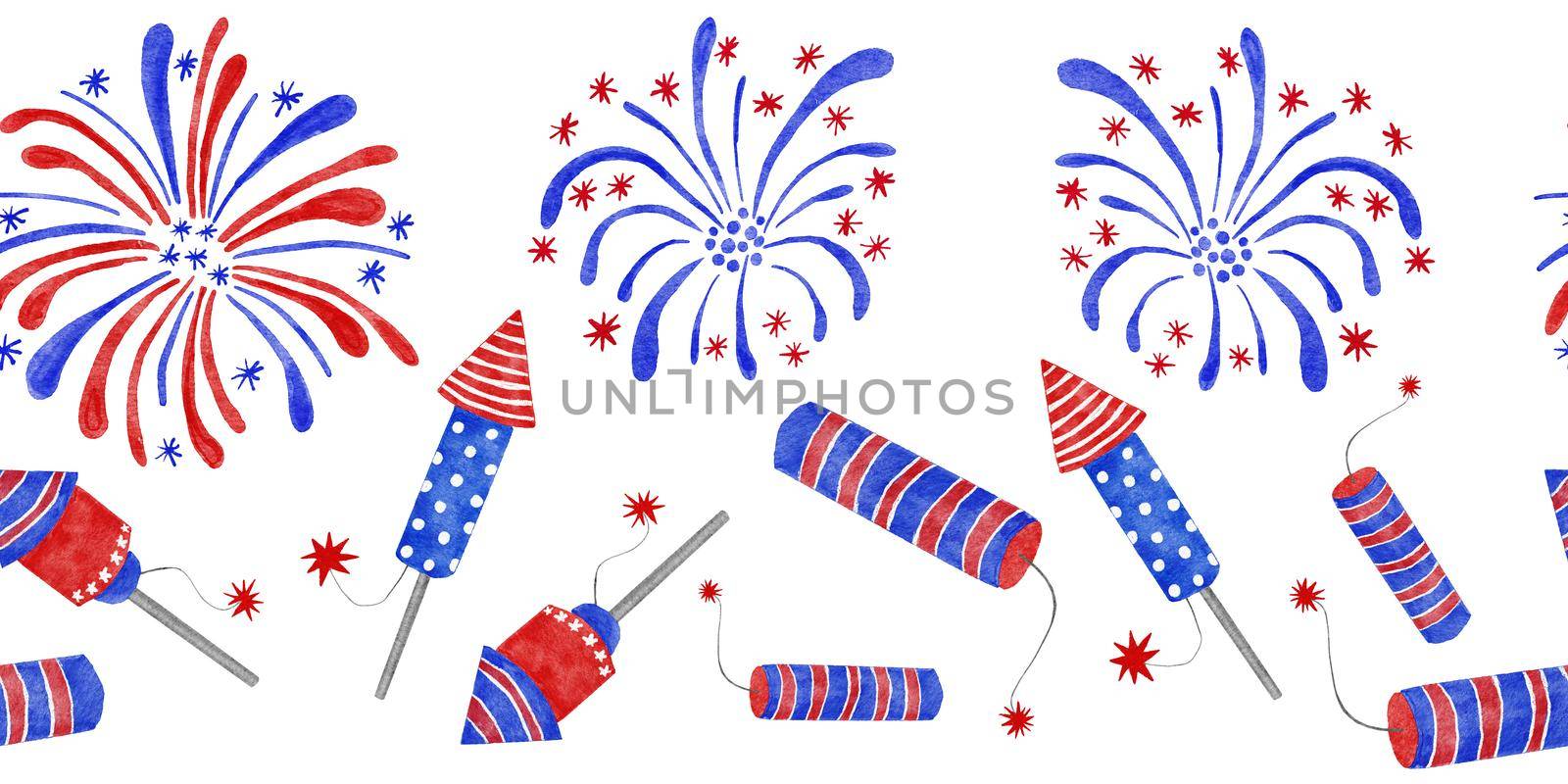 Watercolor seamless hand drawn horizontal border with 4th of July fireworks fire crackers, Fouth of july patriotic American design with party elements in blue red white colors. US celebration print. Salute fabric print funny bright design